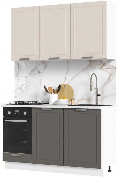 Кухня Альфа 1,4 м комби верх белый, низ вулкан (корпус белый, столешница мрамор лацио)