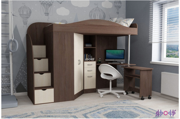 Кровать-чердак Юниор 4 (Ясень Анкор Темный/Дуб молочный)