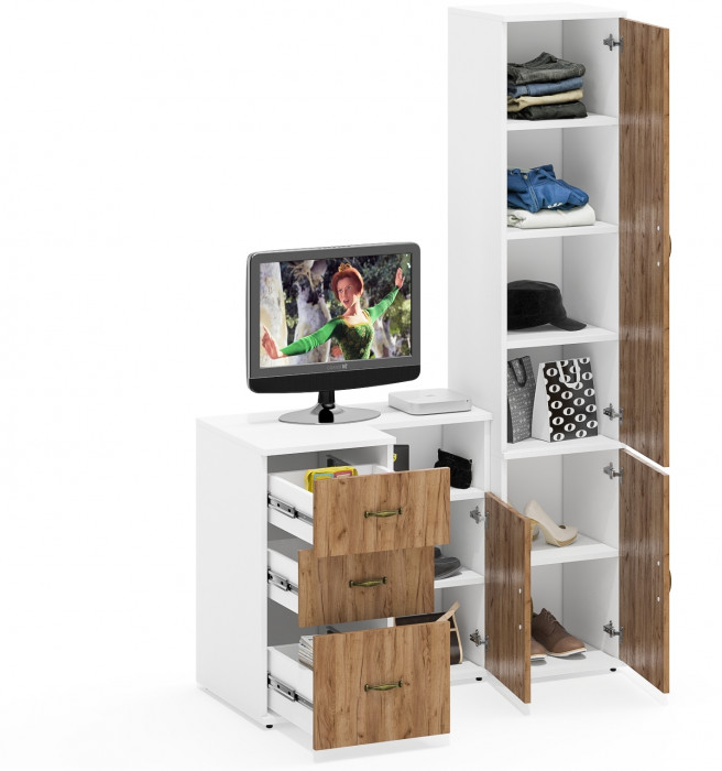 Лидер-8 Пенал МД 22Б + Тумба МД 3.16 + Тумба МД 3.19, цвет белый шагрень/крафт золото, ШхГхВ 120х50х190 см., универсальная сборка