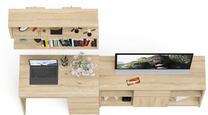 Мори Стол компьютерный МС-6 правый + Тумба МТВ1204.1 + Полка 900, цвет дуб сонома, ШхГхВ 210,4х50х209,6 см., НЕ универсальная сборка