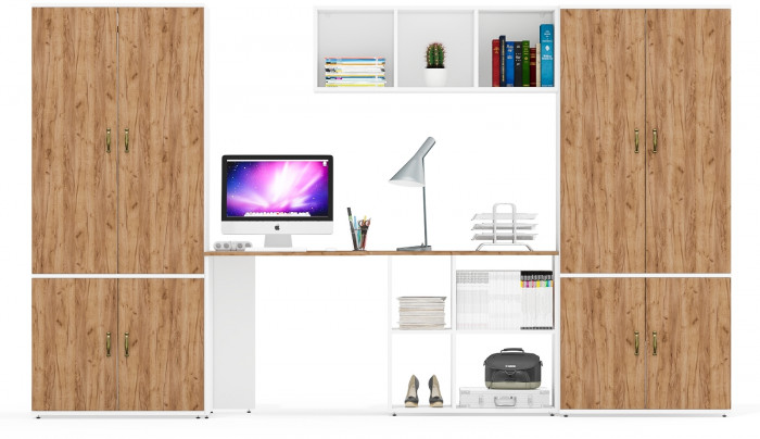 Лидер-8 Шкаф МД 20Б + Стол + Полка + Шкаф МД 19Б, белый шагрень/крафт золото