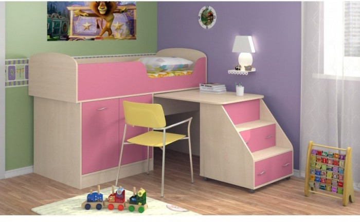 Детская кровать-чердак Дюймовочка-2, Дуб молочный / Розовый