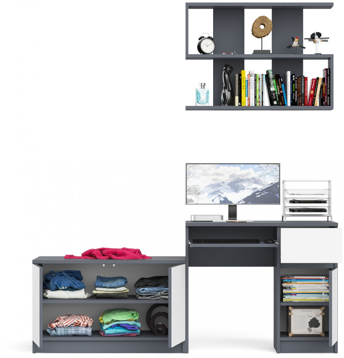 Мори Стол компьютерный МС-1 правый + Тумба МА900.1 + Полка 900, цвет графит/белый, ШхГхВ 180,4х50,4х209,6 см., НЕ универсальная сборка