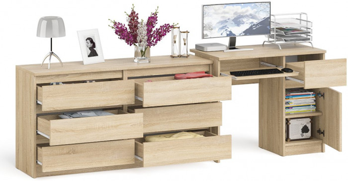 Мори компьютерный стол МС-1 правый + Комод МК1380.6, дуб сонома