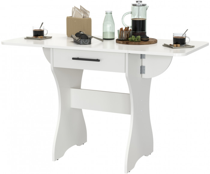 Стол обеденный раскладной с ящиком 6-02.120ТМбел, цвет белый, ШхГхВ 120х57х75 см., 60х57х75 см. сложенный