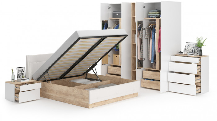 Муссон Спальня № 05, цвет белый/дуб эндгрейн элегантный/искусственная кожа белая, подъёмный ортопед, сп. м. 1600х2000 мм., б/м