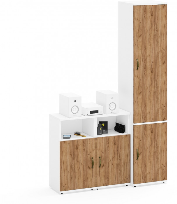 Лидер-8 Пенал МД 22Б + Тумба МД 3.19 + Тумба МД 3.19, белый шагрень/крафт золото