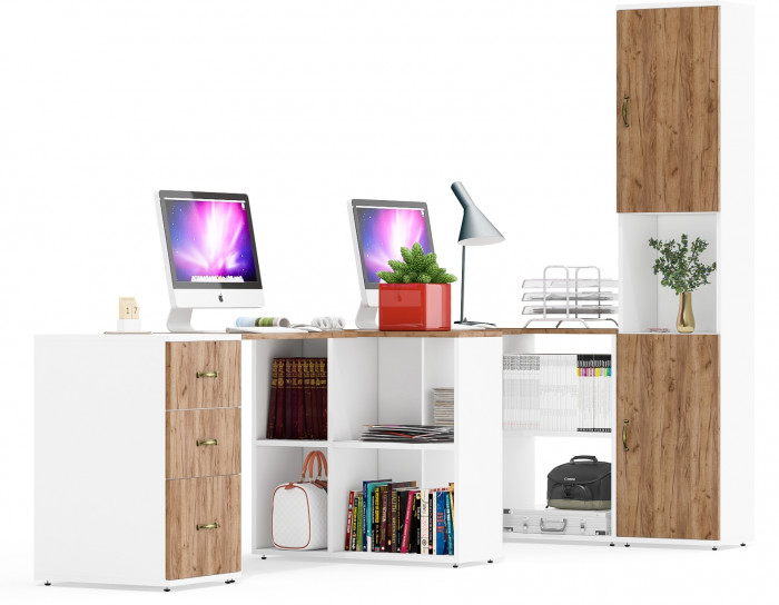 Лидер-8 Стол + Стол + Пенал + Тумба МД 3.16, белый шагрень/крафт золото