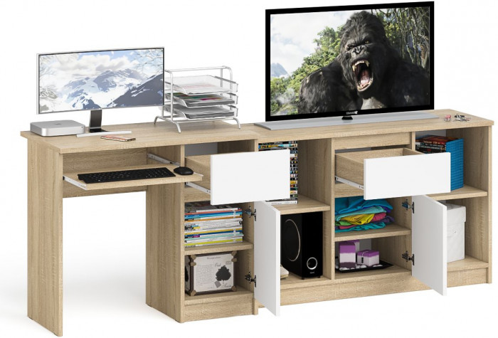 Мори компьютерный стол МС-1 правый + Тумба МТВ1204.1, дуб сонома/белый