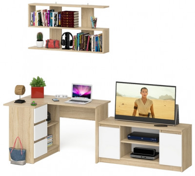 Мори компьютерный стол МС-16 левый + Тумба МТВ1200.1 + Полка 1200, дуб сонома/белый