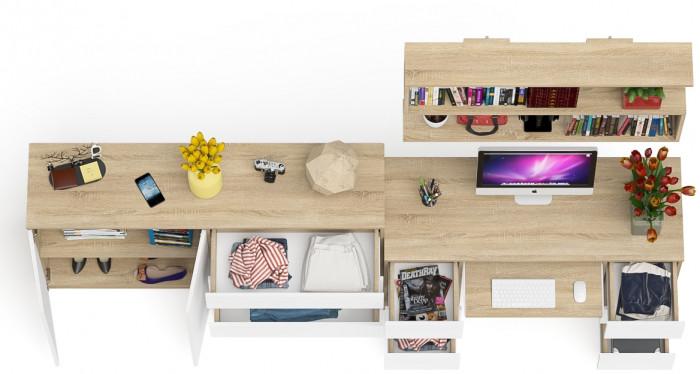 Мори компьютерный стол МС-2 + Комод МК1600.1 + Полка 1200, дуб сонома/белый