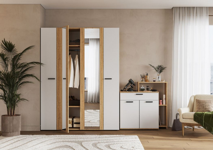 САНСА ШК-04 Шкаф 4-х створчатый Фасад БЕЛЫЙ,ДУБ СОНОМА/Корпус ДУБ СОНОМА