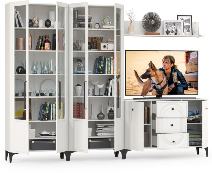 Валенсия Гостиная № 112, цвет ЛДСП белый шагрень/МДФ белый шагрень, ШхГхВ 301,4х38,4х225,2 см., универсальная сборка