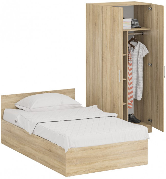 Кровать 1200 + Шкаф 2-х створчатый Стандарт, цвет дуб сонома, ШхГхВ 123,5х203,5х70 + 90х52х200 см., сп.м. 1200х2000 мм., без матраса, основание есть