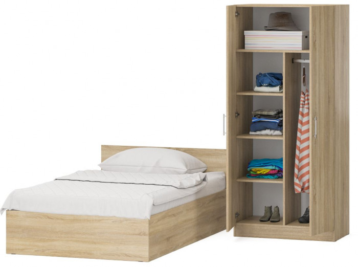 Кровать 1200 + Шкаф 2-х створчатый Стандарт, цвет дуб сонома, ШхГхВ 123,5х203,5х70 + 90х52х200 см., сп.м. 1200х2000 мм., без матраса, основание есть