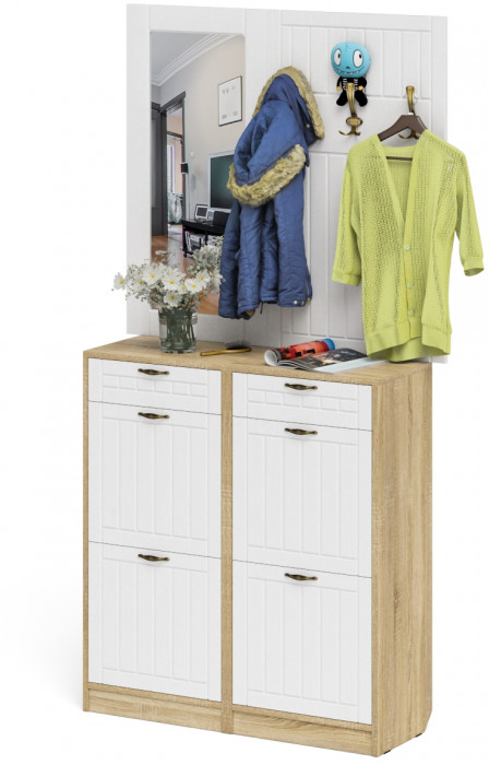 Прихожая П-6 Компоновка № 05, дуб сонома/фасады МДФ белое дерево фрезеровка прованс