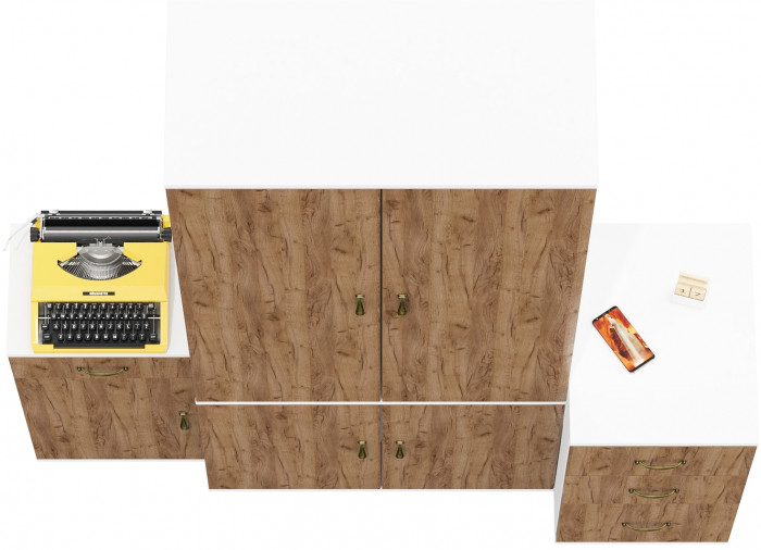 Лидер-8 Шкаф МД 20Б + Тумба МД 3.15 + Тумба МД 3.16, белый шагрень/крафт золото