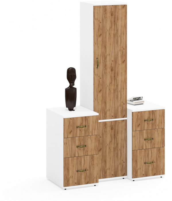 Лидер-8 Пенал МД 21Б + Тумба МД 3.16 + Тумба МД 3.16, цвет белый шагрень/крафт золото, ШхГхВ 120х50х190 см., универсальная сборка