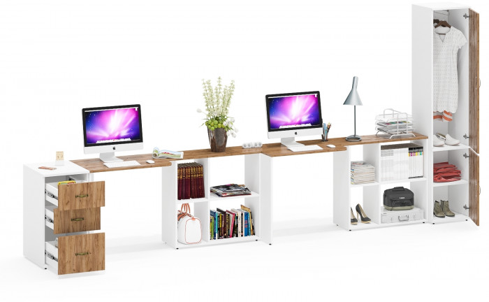 Лидер-8 Стол + Стол + Пенал МД 21Б + Тумба МД 3.16, цвет белый шагрень/крафт золото, ШхГхВ 410х50/37,5х75/190 или 270х120/50х75/190 см., НЕ ун. сб.