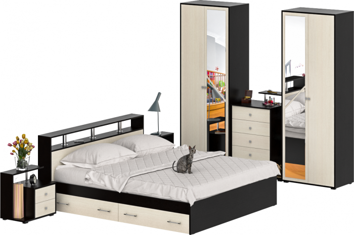 Камелия спальня № 11 Кровать с ящиками 1800 + Две тумбы + Комод + Шкаф 4-х створчатый, венге/дуб лоредо