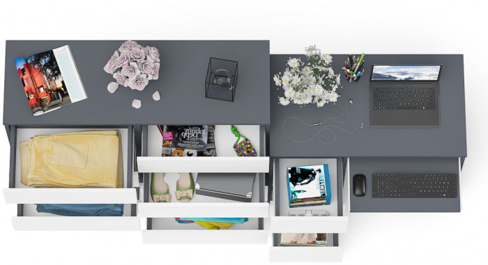 Мори компьютерный стол МС-6 левый + Комод МК1200.8, графит/белый