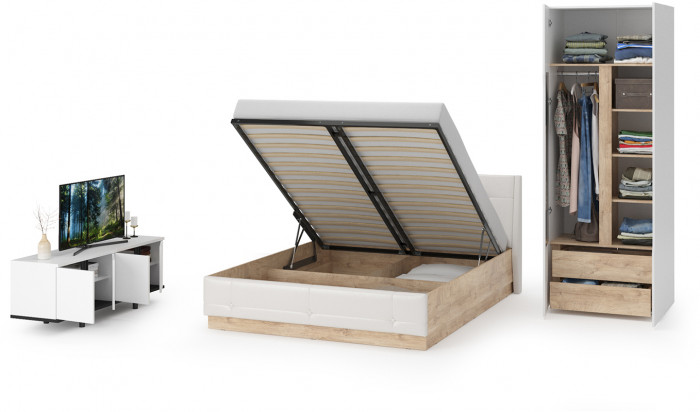 Муссон Спальня № 08, цвет белый/дуб эндгрейн элегантный/искусственная кожа белая, подъёмный ортопед, сп. м. 1600х2000 мм., б/м