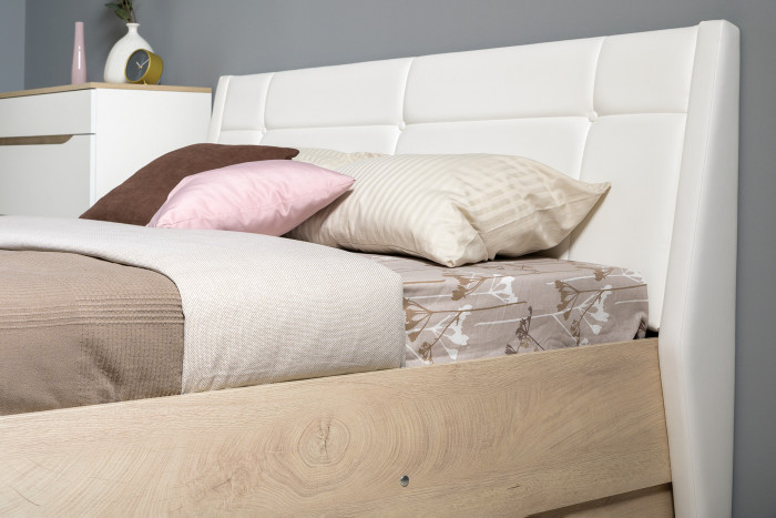 Муссон Спальня № 08, цвет белый/дуб эндгрейн элегантный/искусственная кожа белая, подъёмный ортопед, сп. м. 1600х2000 мм., б/м