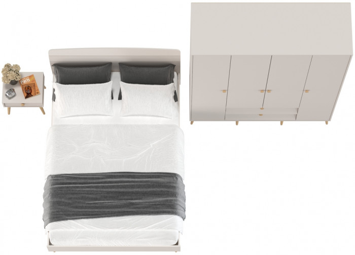 Афина Спальня Кровать 1400 + Шкаф 4-х дверный + Тумба, цвет кашемир серый, 144,6х210,2х95,7 + 160х56,3х220 + 45х37х45 см., 1400х2000, б/м, осн. есть