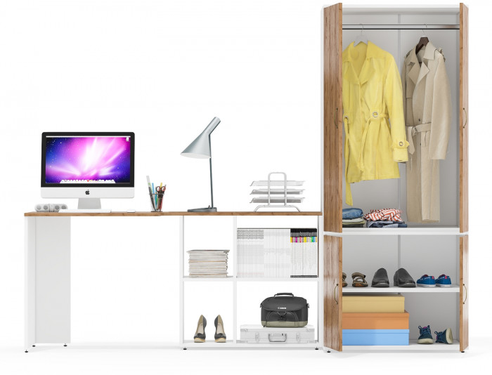 Лидер-8 Стол + Шкаф МД 19Б, цвет белый шагрень/крафт золото, ШхГхВ 245х50х75/190 или 115х160/50х75/190 см., НЕ универсальная сборка