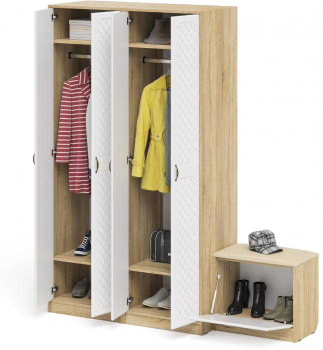 Прихожая П-6 Компоновка № 07, дуб сонома/фасады МДФ белое дерево фрезеровка ромб