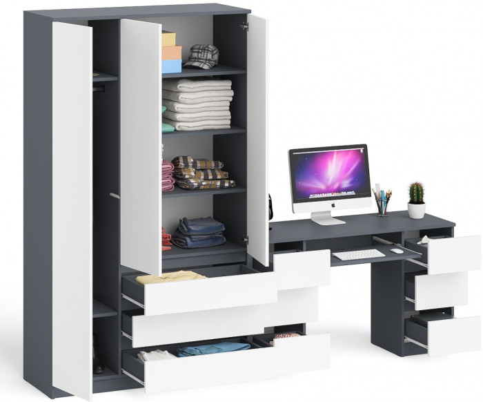 Мори компьютерный стол МС-2 + Шкаф МШ1200.1, графит/белый