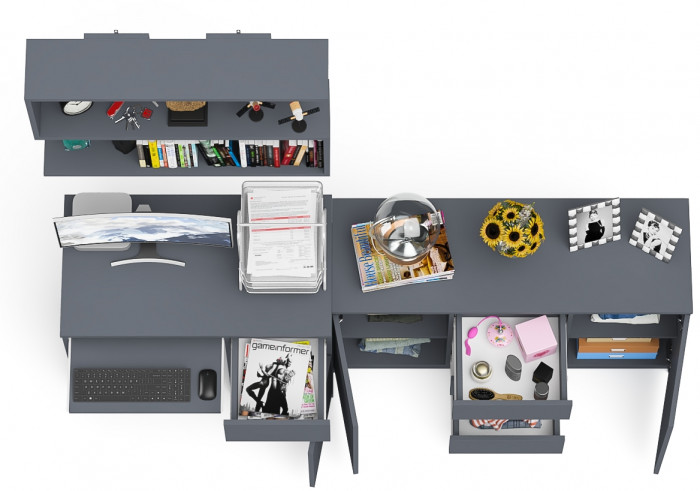 Мори Стол компьютерный МС-1 правый + Комод МК1200.3 + Полка 900, цвет графит, ШхГхВ 210,4х50х209,6 см., НЕ универсальная сборка