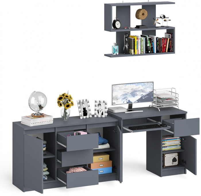 Мори Стол компьютерный МС-1 правый + Комод МК1200.3 + Полка 900, цвет графит, ШхГхВ 210,4х50х209,6 см., НЕ универсальная сборка