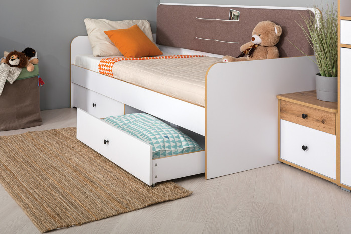 Вуди Компоновка № 35, цвет белый премиум/дуб крафт золотой/саванна латте, сп. м. 900х2000 мм., б/м, основание есть, матрас высотой до 200 мм.