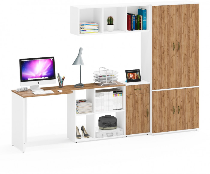 Лидер-8 Стол + Полка + Тумба МД 3.15 + Шкаф МД 20Б, белый шагрень/крафт золото