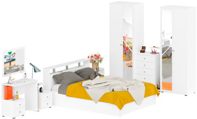 Камелия спальня № 3 Кровать 1600 + Две тумбы + Стол косметич. + Зеркало + Комод + Шкаф 4-х, цвет белый, сп.м. 1600х2000 мм., б/м, осн. есть