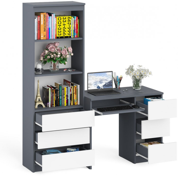 Мори компьютерный стол МС-6 правый + Стеллаж МСТ600.3, графит/белый