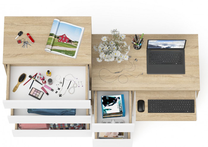 Мори Стол компьютерный МС-6 левый + Комод МК700.5, цвет дуб сонома/белый, ШхГхВ 160,4х50х114 см., выдвижные ящики слева, НЕ универсальная сборка