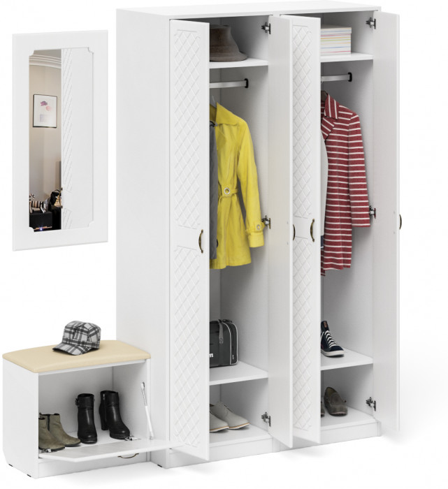 Прихожая П-6 Компоновка № 08, белая шагрень/фасады МДФ белое дерево фрезеровка ромб