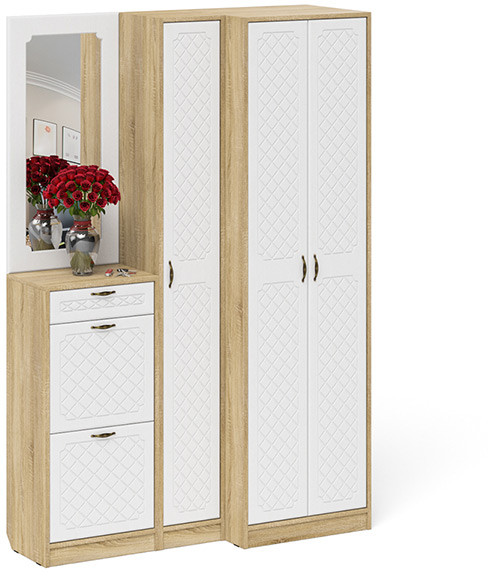 Прихожая П-6 Компоновка № 29, дуб сонома/фасады МДФ белое дерево фрезеровка ромб