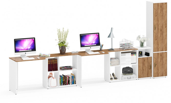 Лидер-8 Стол + Стол + Пенал МД 21Б + Тумба МД 3.19, белый шагрень/крафт золото