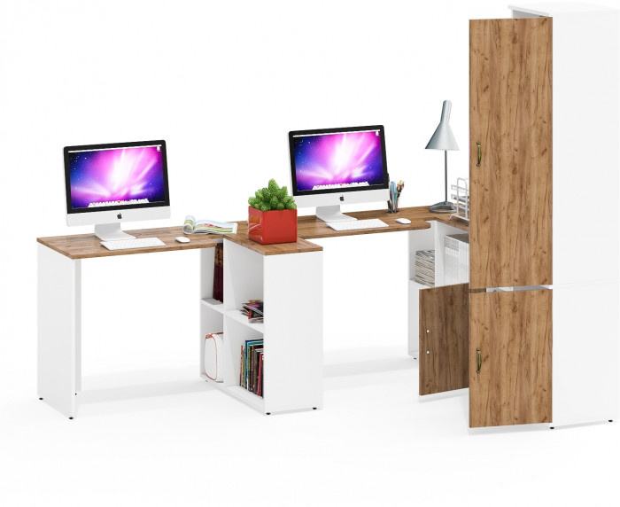 Лидер-8 Стол + Стол + Пенал МД 21Б + Тумба МД 3.19, белый шагрень/крафт золото