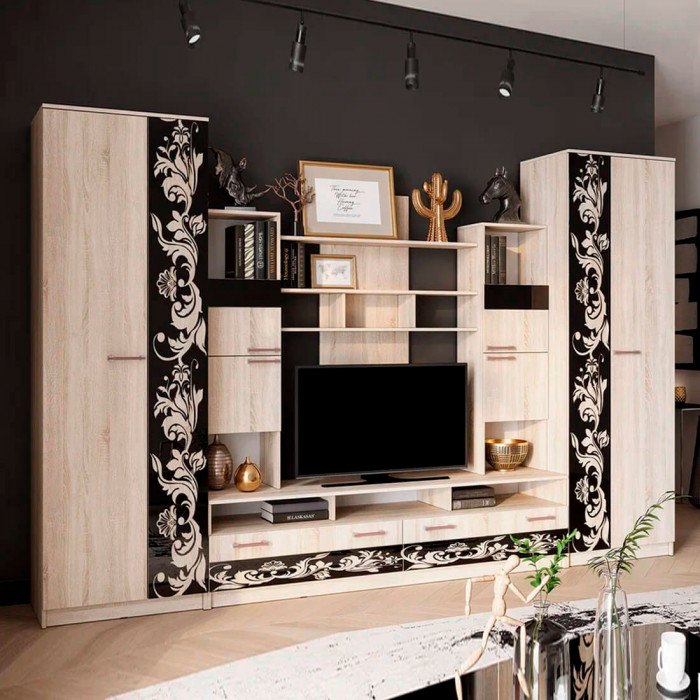 Гостиная "Багира" (3300х2200х500) дуб сонома/стекло каштан