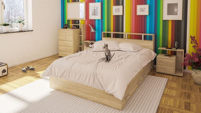 Камелия спальня № 12 Кровать с ящиками 1400 + Две тумбы + Комод + Зеркало, дуб сонома