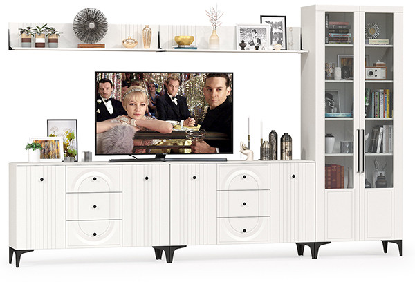 Валенсия Гостиная № 121, цвет ЛДСП белый шагрень/МДФ белый шагрень, ШхГхВ 350,4х38,4х225,2 см., универсальная сборка