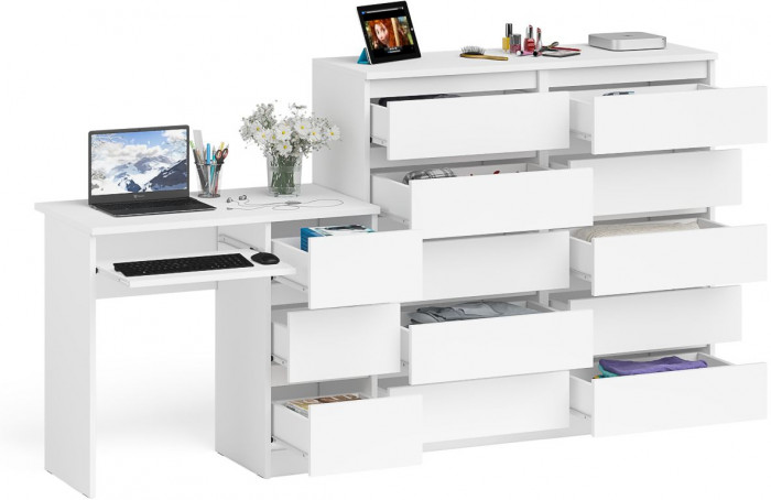 Мори Стол компьютерный МС-6 правый + Комод МК1200.10, цвет белый, ШхГхВ 210,4х50х115 см., выдвижные ящики справа, НЕ универсальная сборка