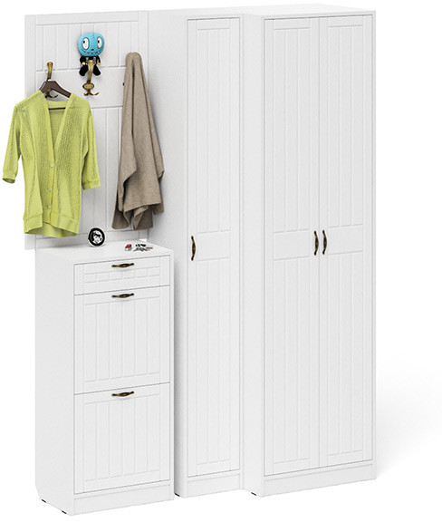 Прихожая П-6 Компоновка № 30, белая шагрень/фасады МДФ белое дерево фрезеровка прованс