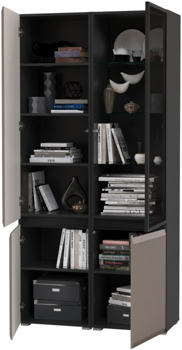 Сидней 13.200 Шкаф + Шкаф-витрина 13.201, корпус: антрацит/фасады: МДФ веллюто капучино/стекло