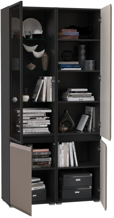 Сидней 13.200 Шкаф + Шкаф-витрина 13.201, корпус: антрацит/фасады: МДФ веллюто капучино/стекло