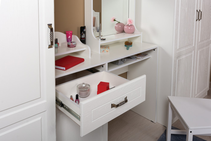 Ливерпуль Стол туалетный 12.46 + Полка 10.118 + Полка 10.117, ясень ваниль/белый